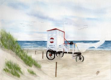 Postkarte DIN-A5 Aquarell Maritim Kunst Druck Kunstdruck Nordsee Insel Baltrum Strand Dünen Meer Badeturm